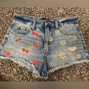 Aeropostale Blue Denim Shorts with Cherry and Daisy Embroidery